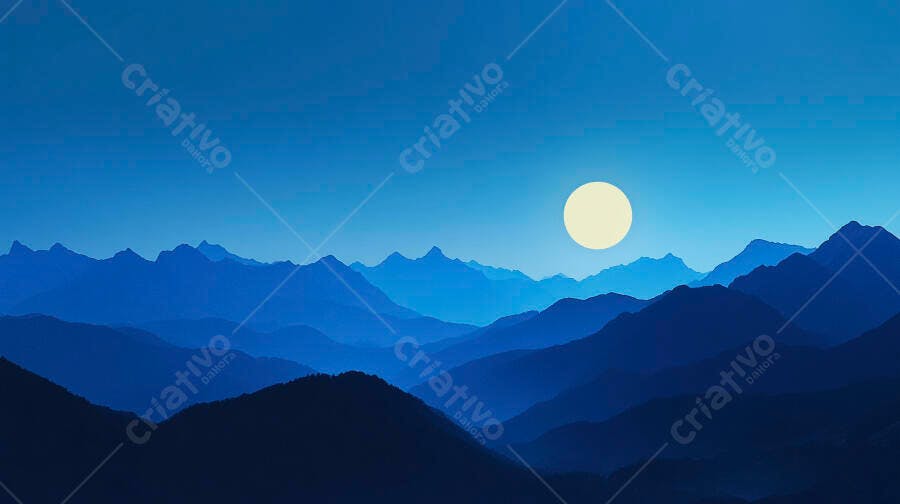 Montanhas azuis em paisagem noturna com lua cheia no céu
