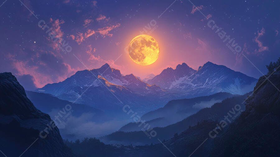 Lua cheia laranja sobre montanhas nevadas ao anoitecer com céu estrelado