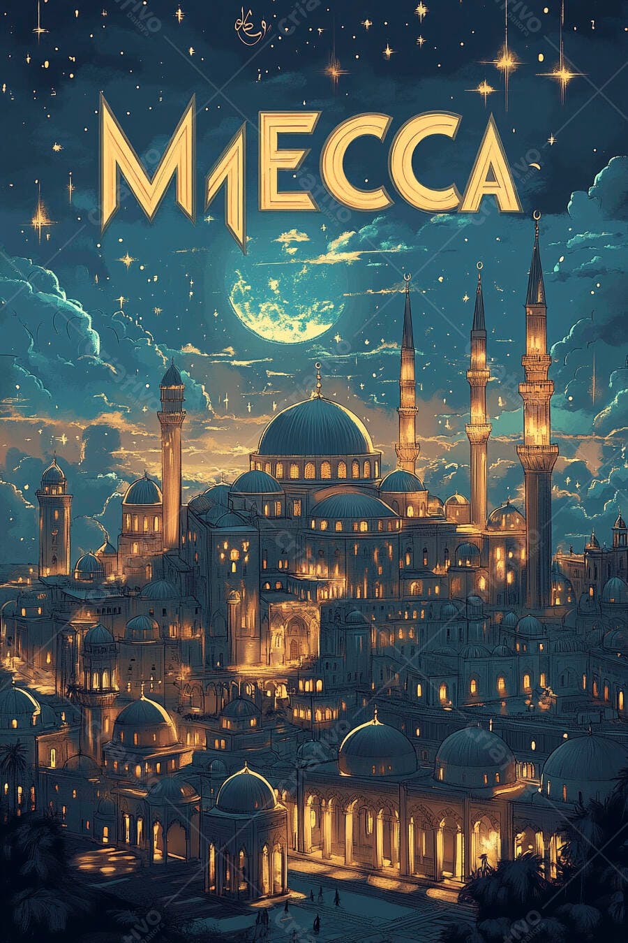 Cidade islâmica de Meca com mesquitas iluminadas e lua crescente no céu noturno