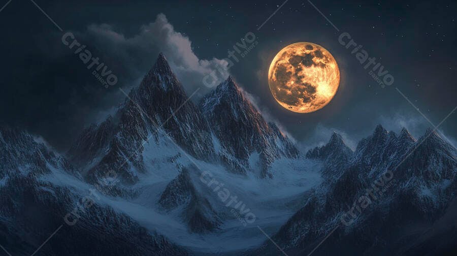Lua cheia laranja iluminando picos nevados sob o céu estrelado da noite