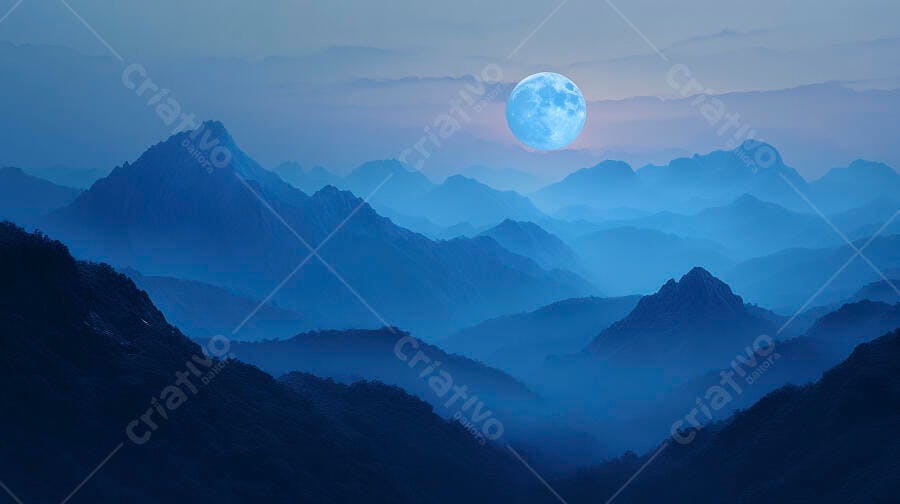 Lua cheia azul sobre cadeia de montanhas na noite serena