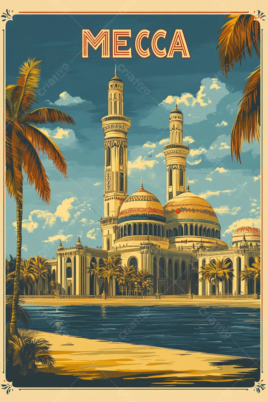 Meca mesquita grandiosa com domos dourados palmeiras e céu azul pôster vintage