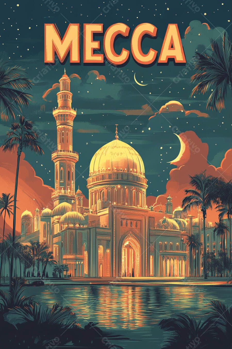 Mesquita de Meca iluminada à noite com cúpula dourada e minarete