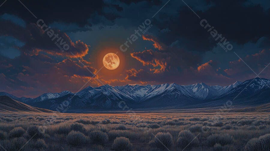 Lua cheia laranja sobre montanhas nevadas e planície árida noturna