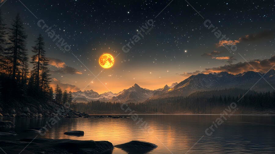 Lua cheia laranja vibrante sobre lago alpino com montanhas e céu estrelado noturno