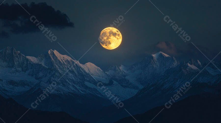 Lua cheia amarela sobre montanhas nevadas e céu noturno azul escuro