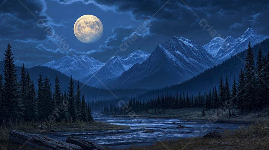 Lua cheia majestosa sobre montanhas azuis e rio na floresta noturna
