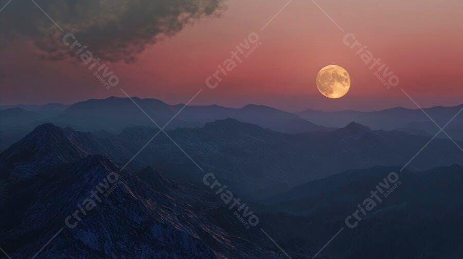 Lua cheia brilhante sobre montanhas ao entardecer com céu roxo e laranja