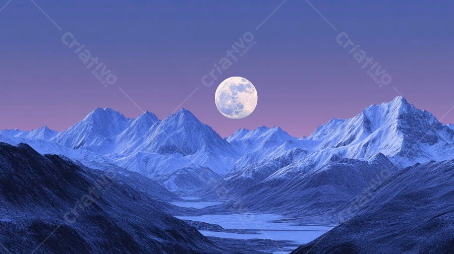 Lua cheia majestosa sobre montanhas nevadas e vale congelado ao anoitecer