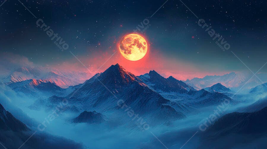 Lua cheia gigante sobre montanhas azuis com neblina noturna e céu estrelado