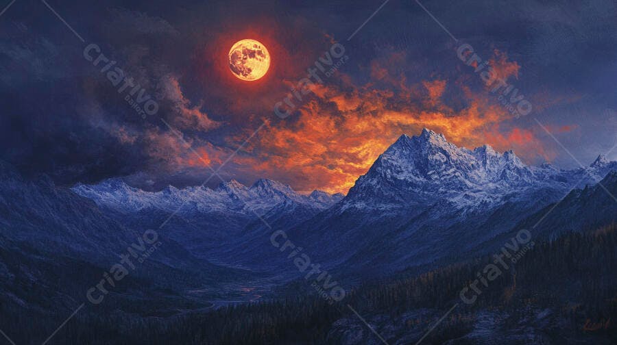 Paisagem montanhosa nevada com lua cheia laranja e nuvens dramáticas avermelhadas