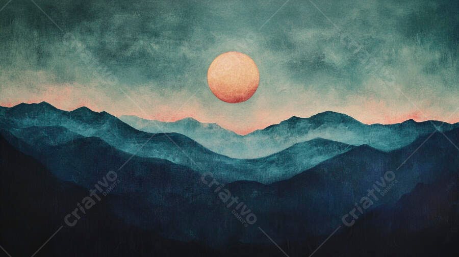 Montanhas azuis com sol laranja no céu crepuscular arte abstrata