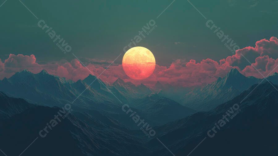 Lua cheia laranja sobre montanhas azuladas ao entardecer místico