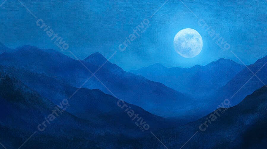 Montanhas e Lua Cheia cenário noturno azul profundo místico