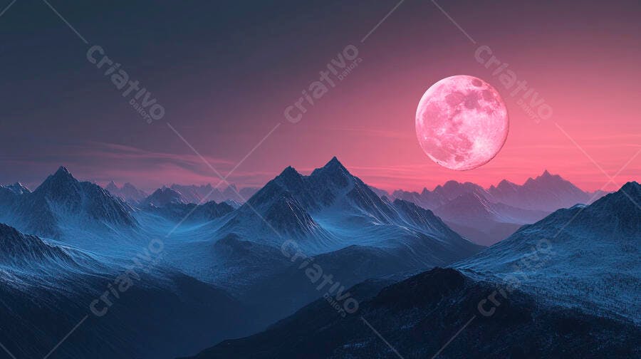 Lua cheia rosa sobre montanhas geladas ao crepúsculo com céu púrpura