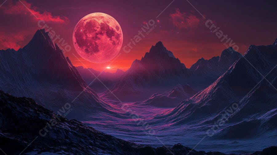 Lua vermelha gigante sobre paisagem montanhosa roxa e azul escura