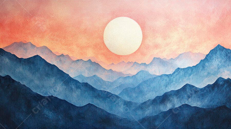 Montanhas azuis em paisagem minimalista com sol rosa e laranja