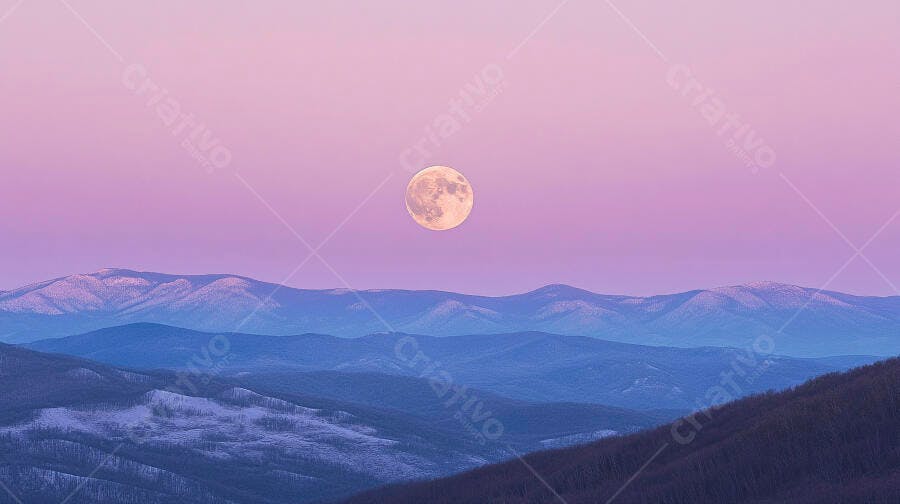 Lua cheia grande em céu rosa e roxo sobre cordilheira azul serena