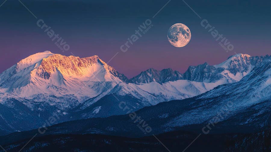 Paisagem de montanhas nevadas com lua cheia e cume iluminado por luz dourada