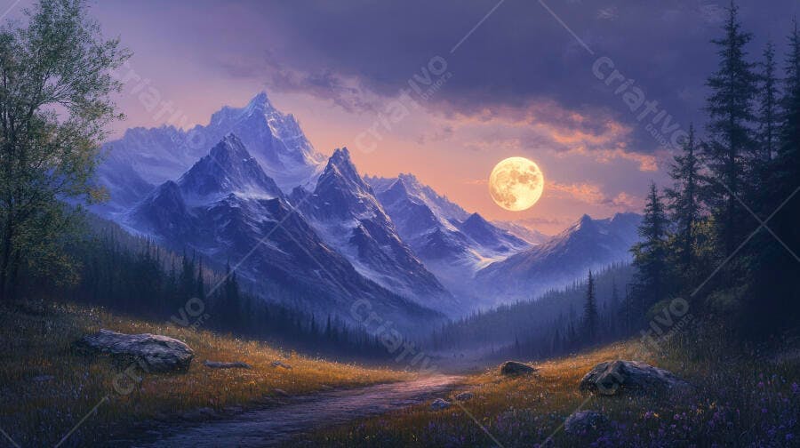 Montanhas roxos e azuis com neve ao luar e trilha em vale florestado ao entardecer