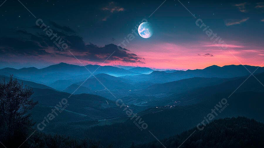 Montanhas azuis sob lua cheia céu crepuscular rosa roxo estrelado