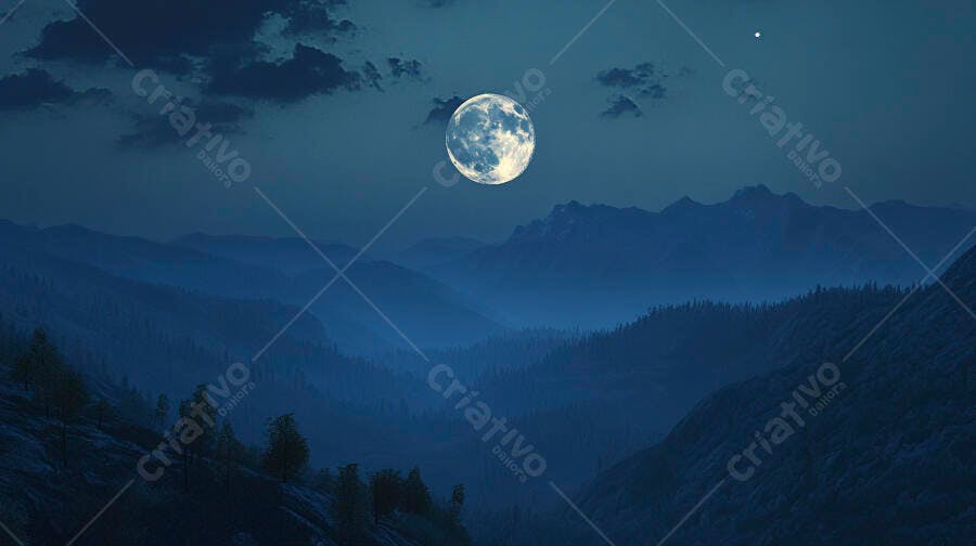 Lua cheia brilhante sobre montanhas e florestas à noite