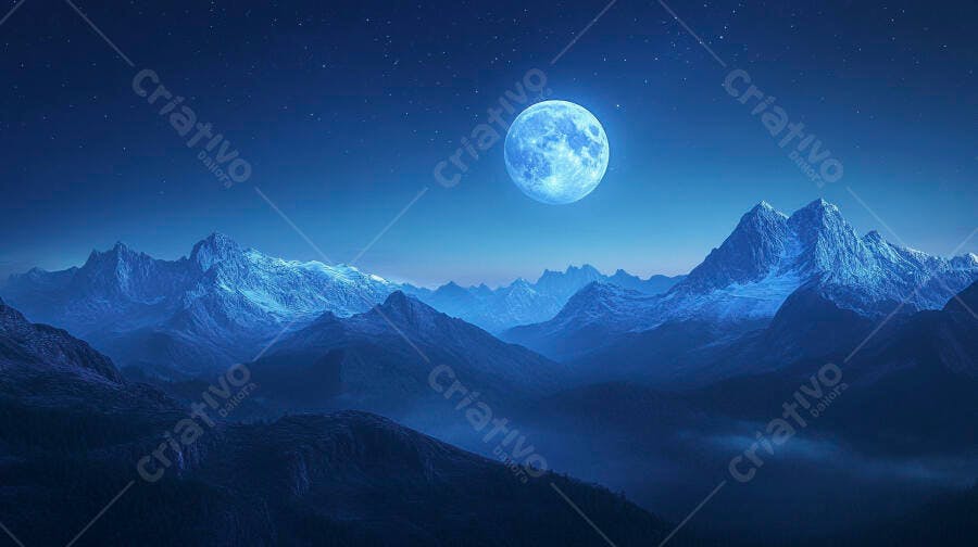 Lua cheia azul celeste sobre montanhas geladas noturnas estreladas