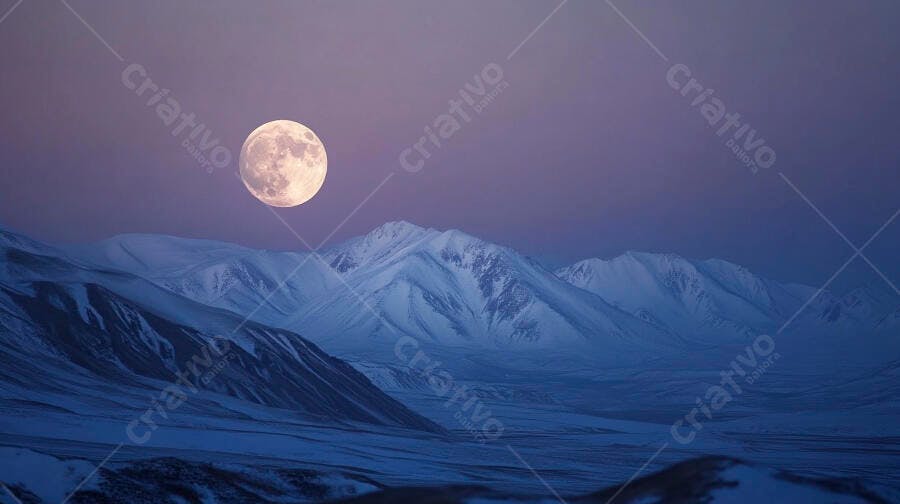 Lua cheia sobre montanhas nevadas ao anoitecer céu roxo azulado