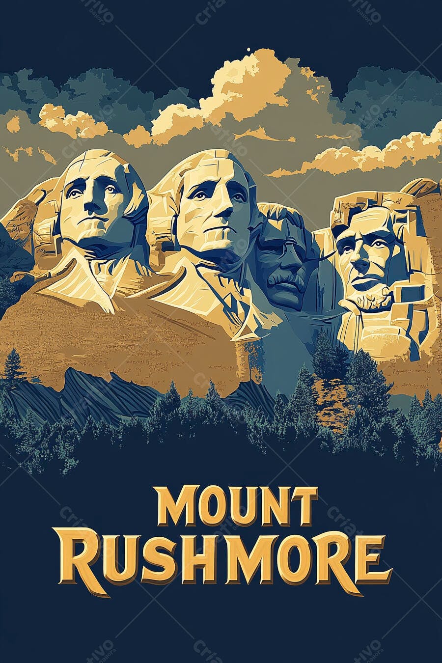 Monumento Mount Rushmore presidentes EUA ilustração noturna azul dourada