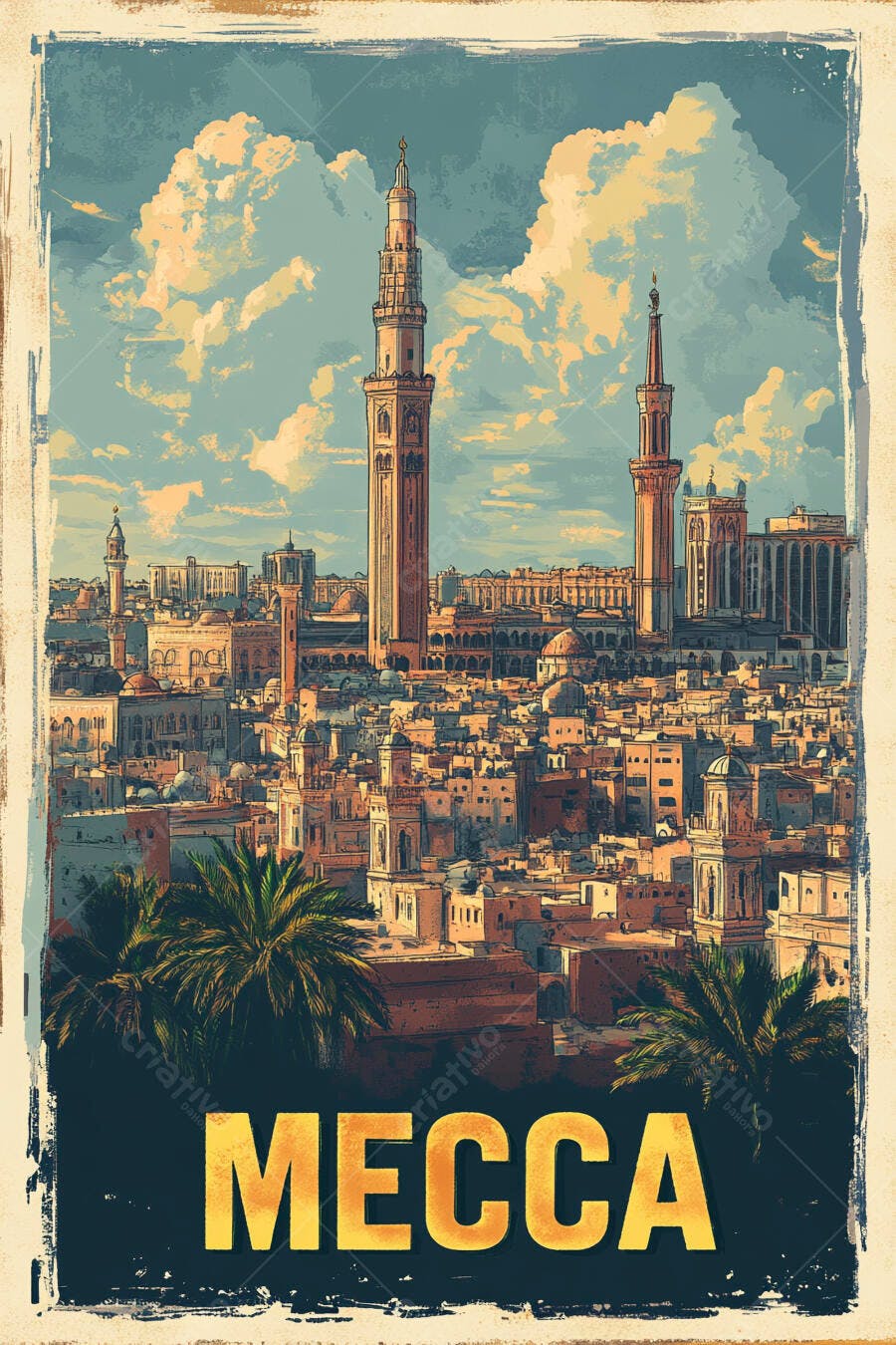 Meca cidade com arquitetura islâmica minaretes palmeiras ilustração estilo poster