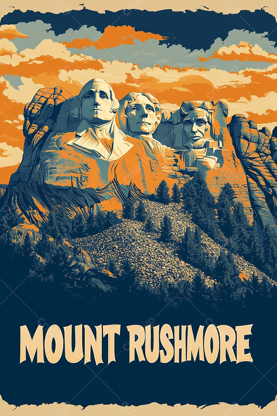 Mount Rushmore ilustração retro com presidentes americanos cores azul e laranja