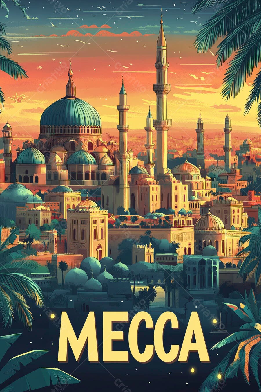 Cidade de Meca ilustrada ao pôr do sol com mesquitas e palmeiras