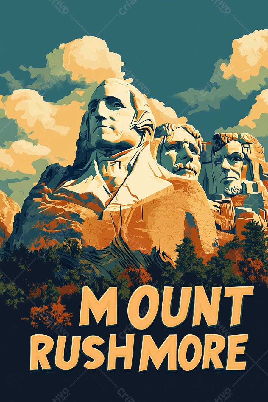 Mount Rushmore monumentos dos presidentes americanos em ilustração vibrante com céu azul e nuvens