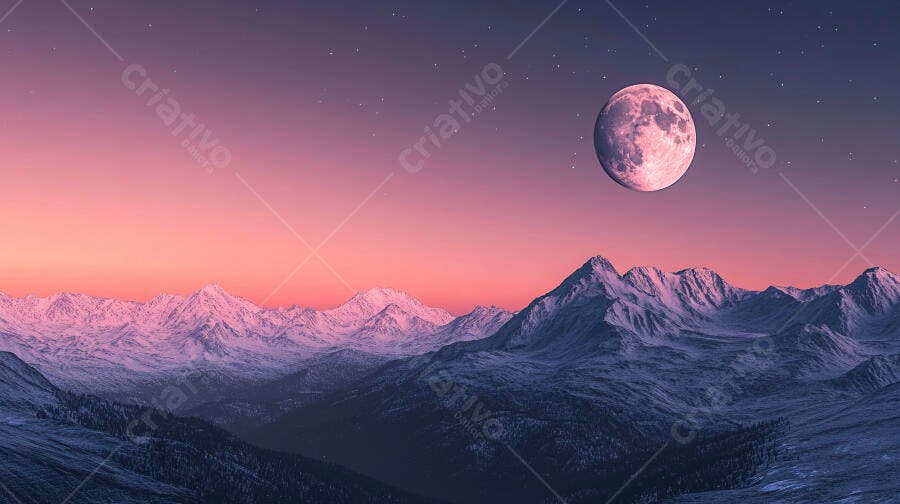 Lua cheia rosada em céu crepuscular sobre montanhas nevadas
