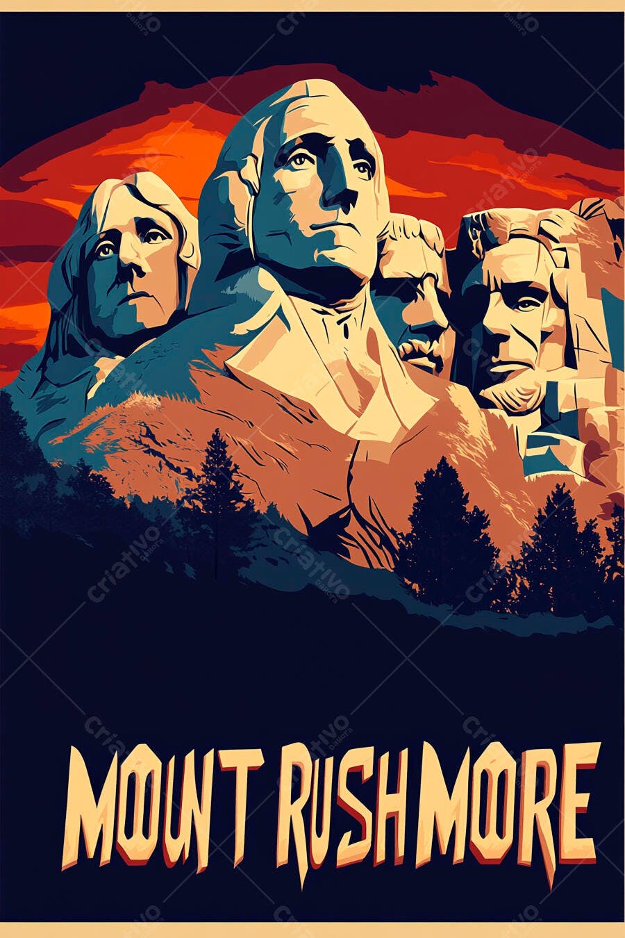 Monte Rushmore arte pop presidentes americanos em montanha rochosa com céu laranja