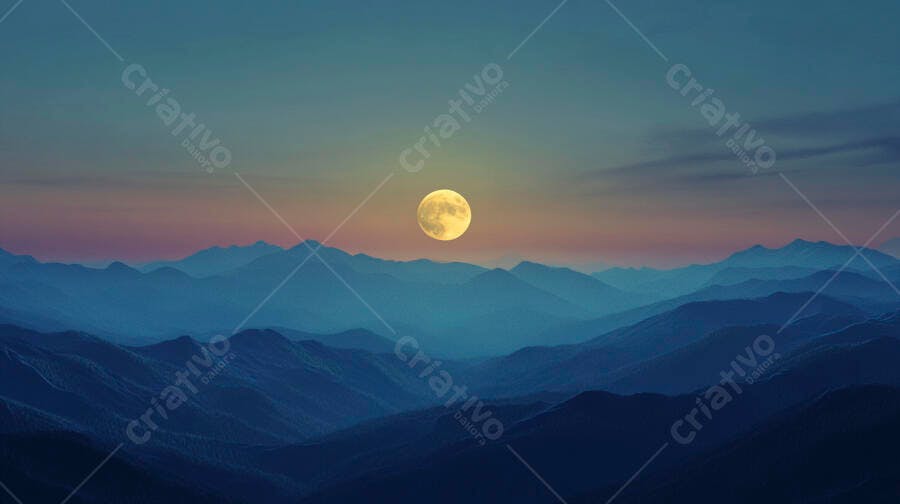 Lua cheia amarela sobre montanhas azuis em paisagem noturna serena