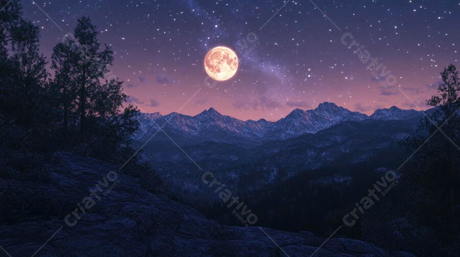 Lua cheia laranja sobre montanhas roxas e céu estrelado noturno