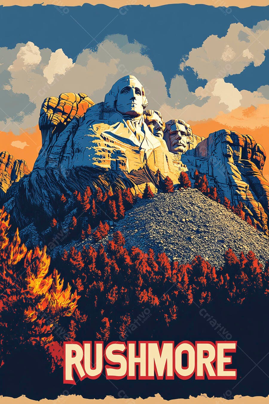 Ilustração Monte Rushmore presidentes Washington Jefferson Roosevelt Lincoln céu laranja azul