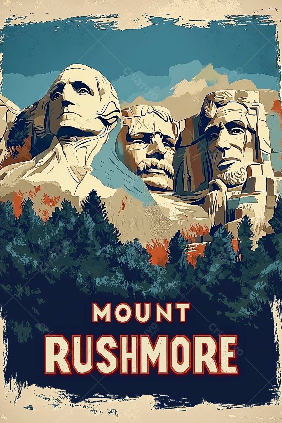 Monte Rushmore monumento rochoso presidencial floresta azul vintage