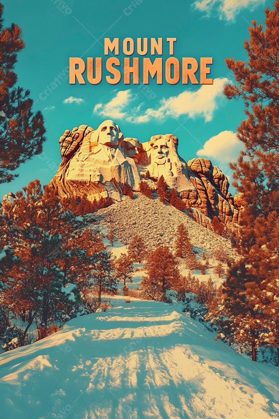 Monte Rushmore esculturas presidenciais na neve com pinheiros e céu azul