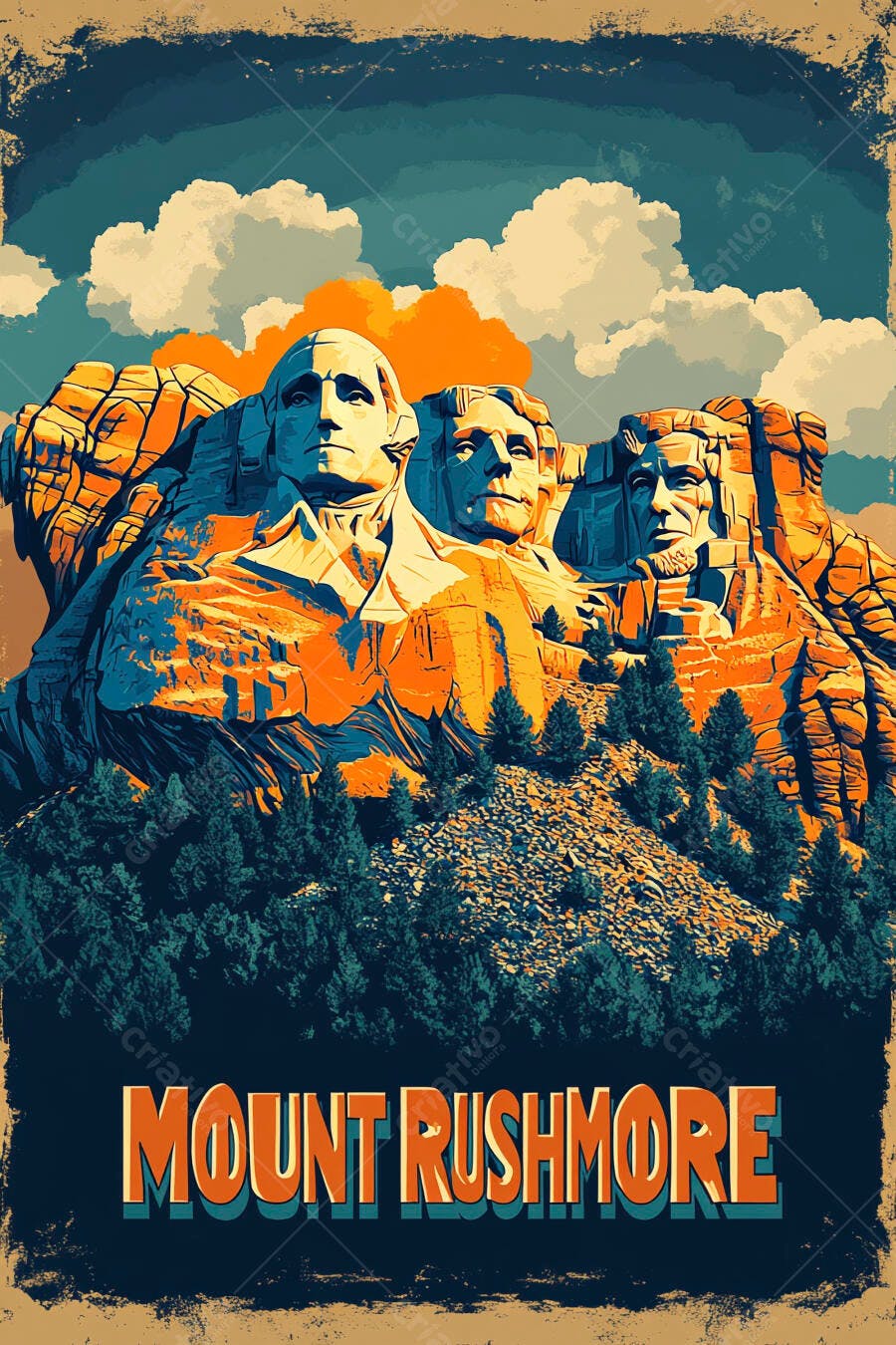 Mount Rushmore presidentes americanos ilustração vintage cores azul e laranja