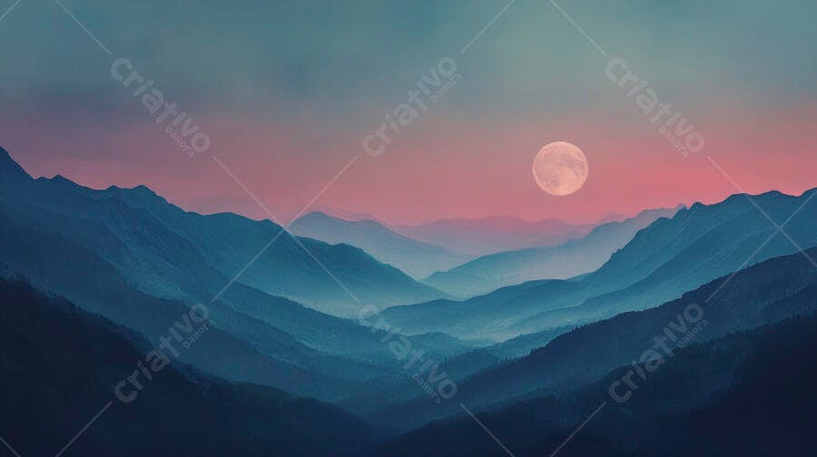 Montanhas azuis com lua cheia em céu crepuscular rosa e azul