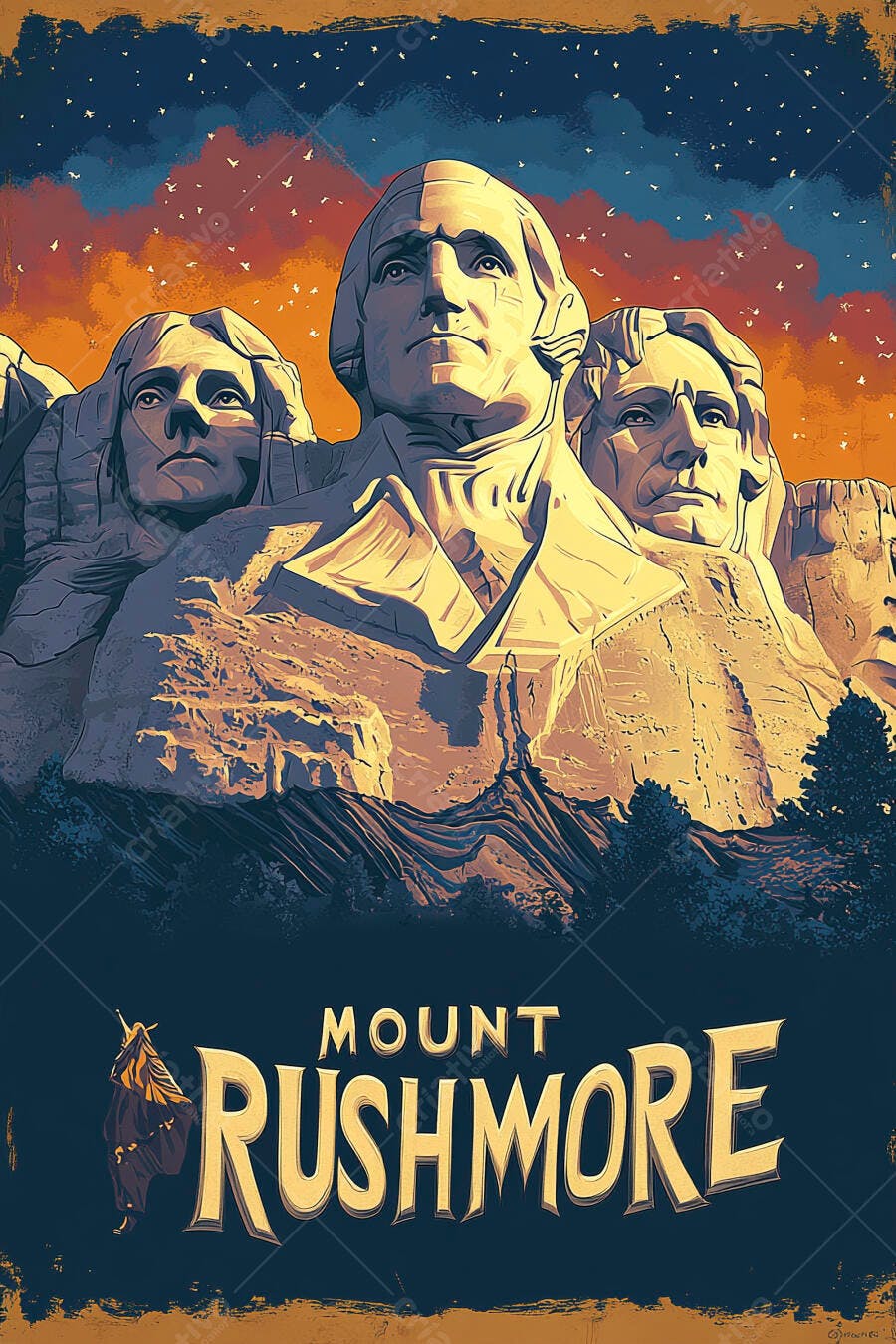 Mount Rushmore ilustracao monumentos americanos ao por do sol vibrante