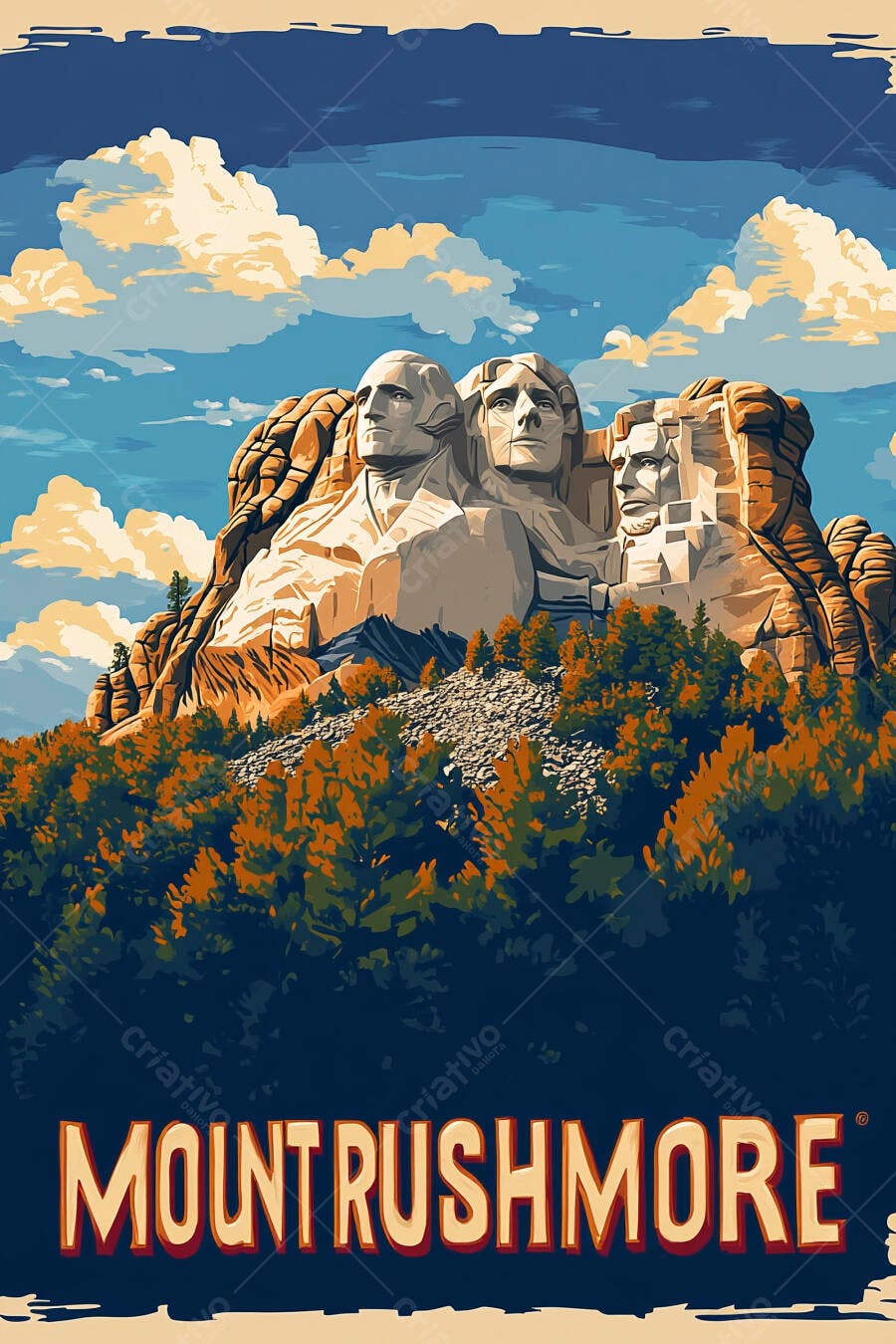 Monte Rushmore ilustração pôster vintage floresta outono céu azul