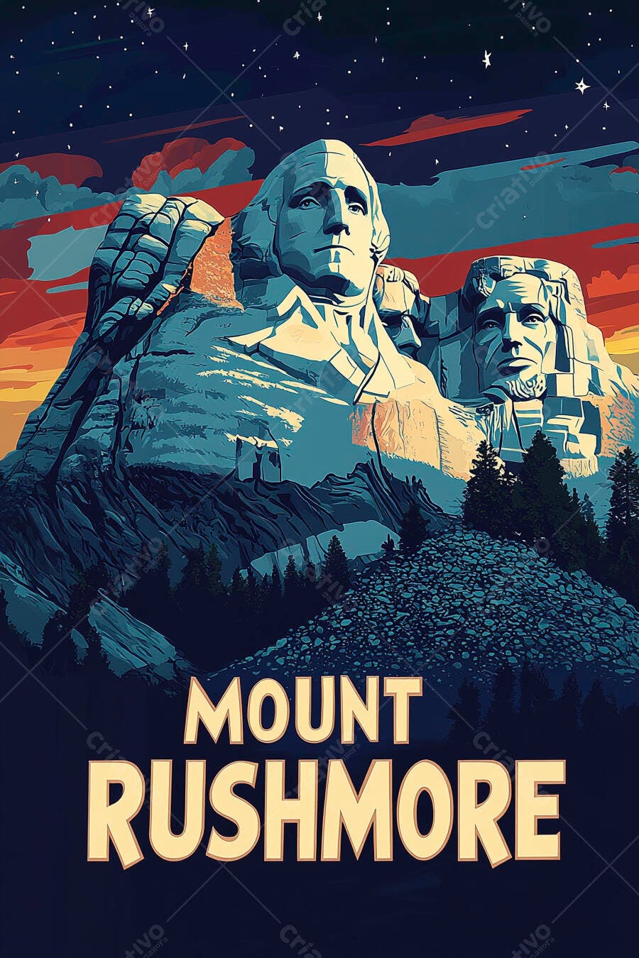 Monte Rushmore monumento presidencial ao anoitecer com céu estrelado e cores vibrantes