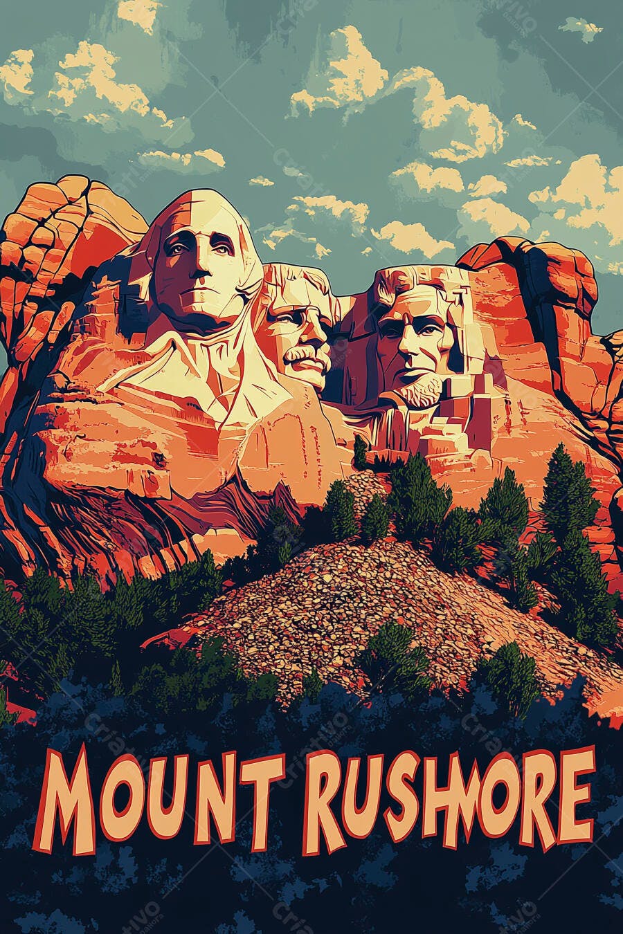 Monte Rushmore monumentos presidenciais em rocha estilo poster vintage