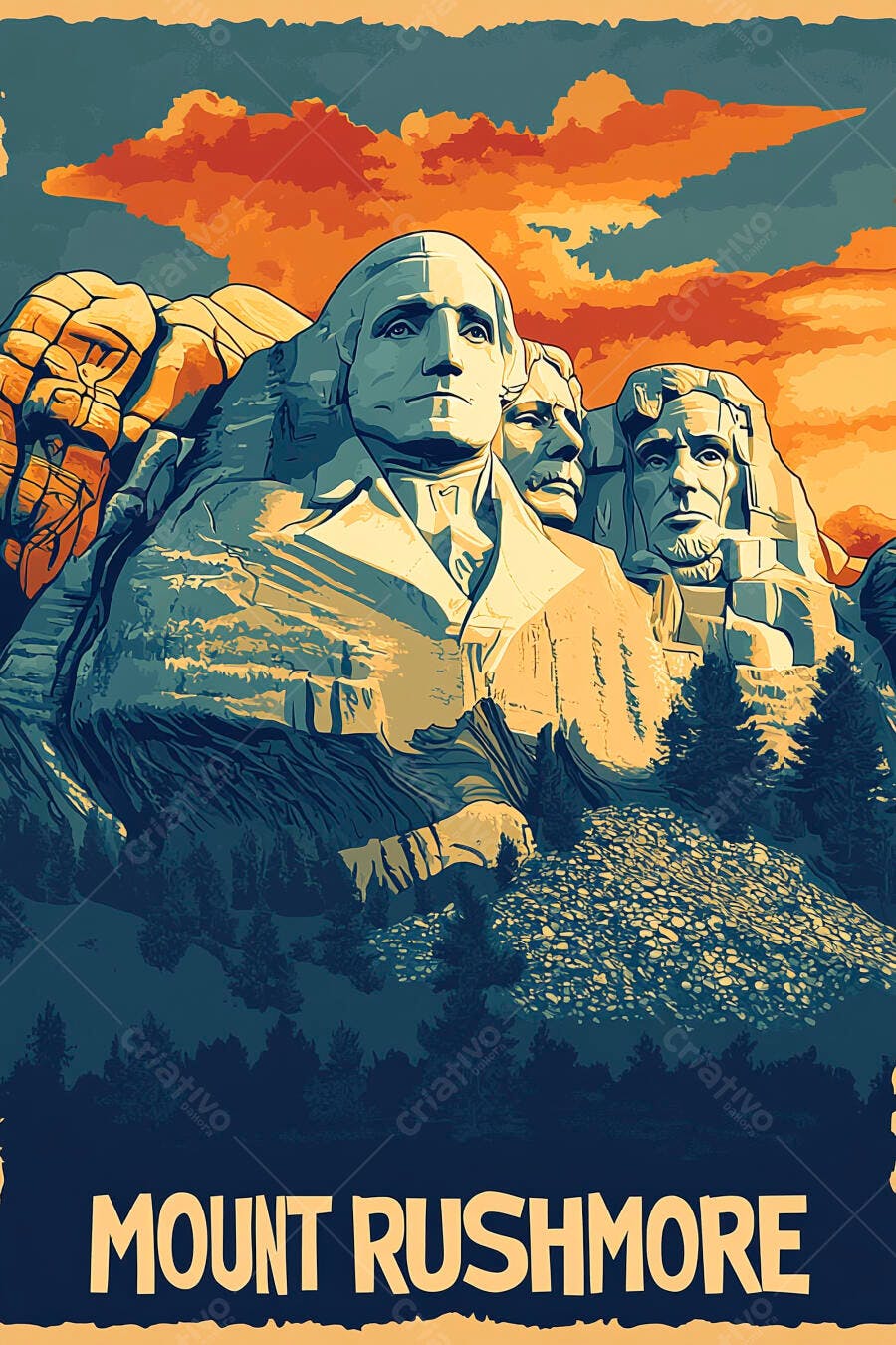 Monumento Monte Rushmore presidentes americanos em paisagem montanhosa azul e laranja