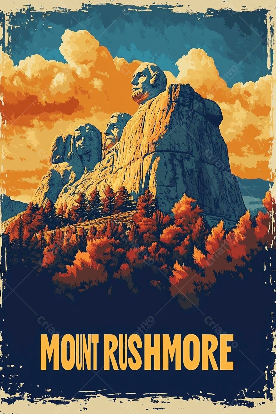 Monte Rushmore esculturas presidentes EUA céu laranja azul poster vintage turismo