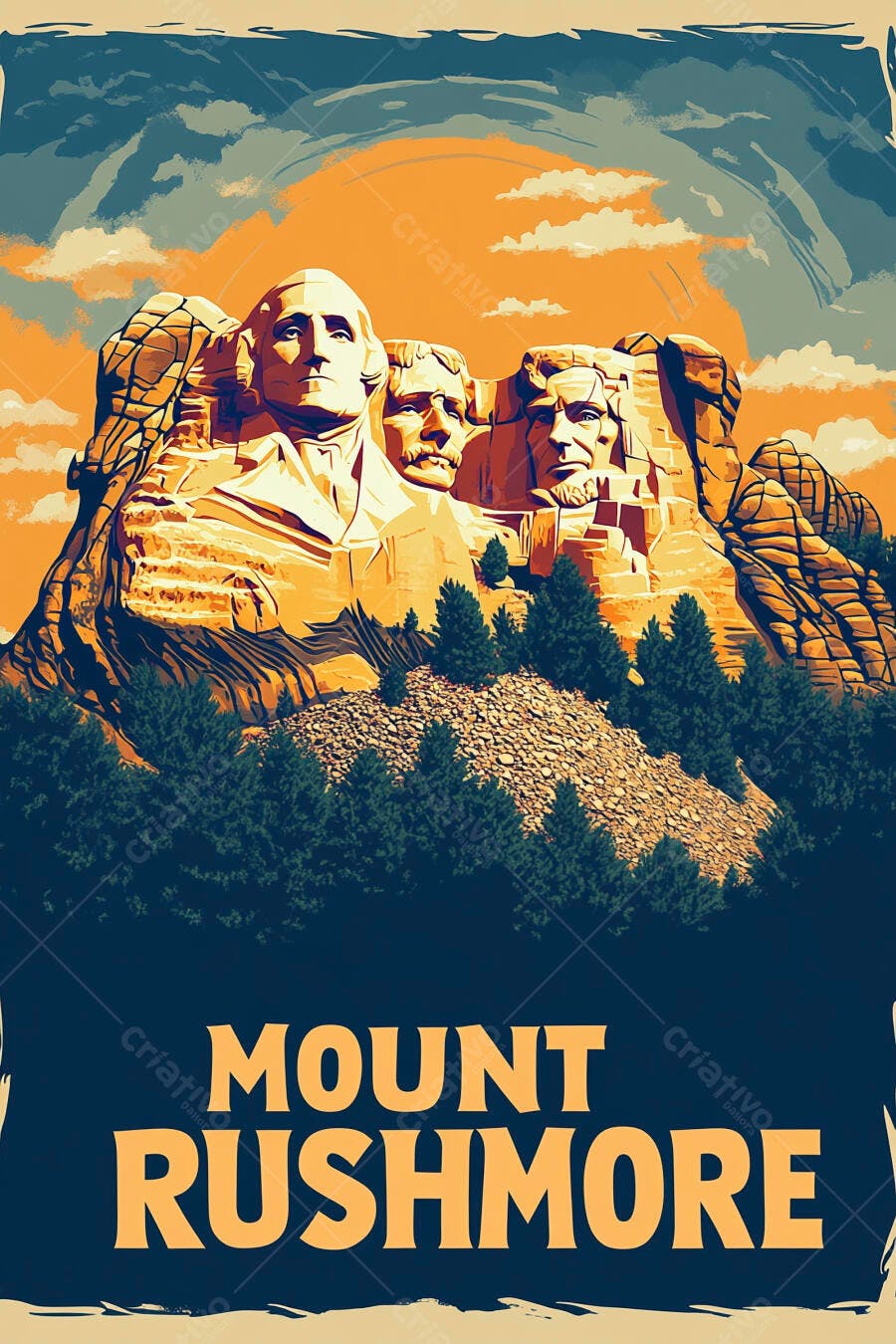Mount Rushmore ilustracao com presidentes americanos ao entardecer laranja e azul