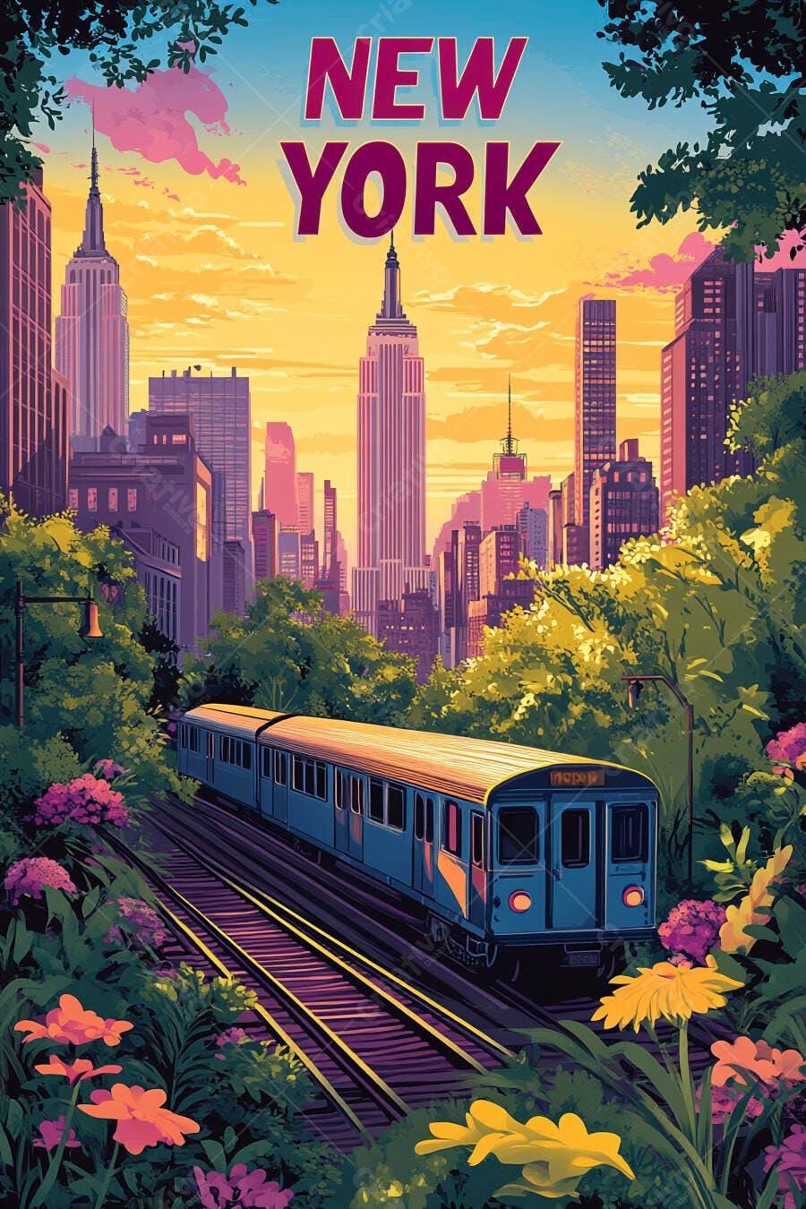 Subway azul em Nova York ao pôr do sol com Empire State Building e flores